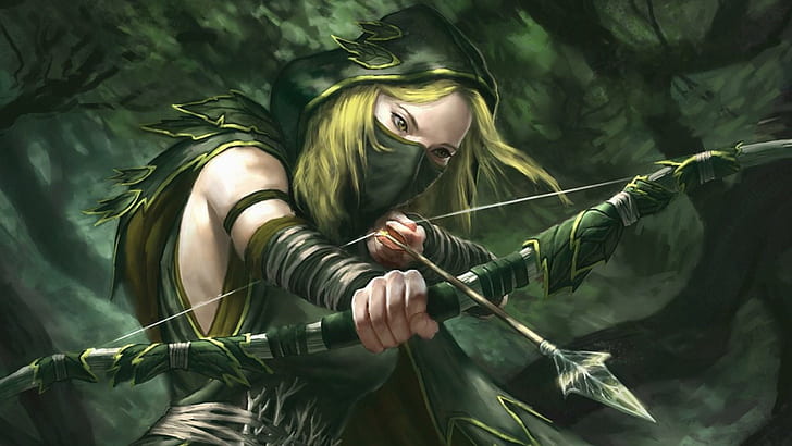 Fantasy Archer, arrow, woods, girl, forest, warrior, weapon, painting