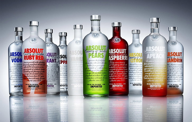 Absolut vodka bottle lot, drink, bottles, bar, reflection, simple background, HD wallpaper