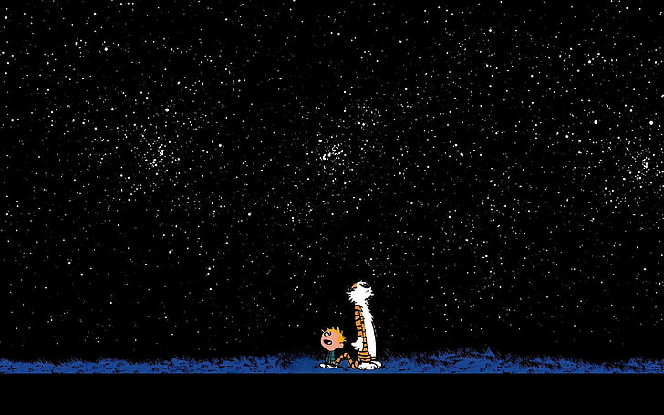 boy and tiger illustration, Calvin and Hobbes, night, real people, HD wallpaper