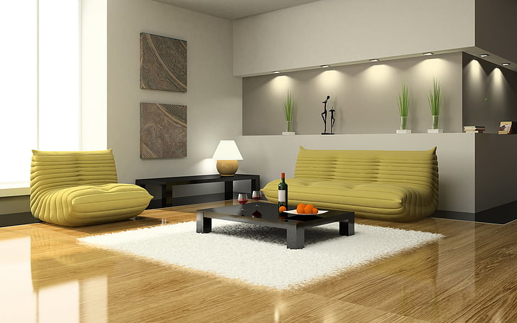 yellow fabric 2-piece sofa set and rectangular black wooden coffee table, HD wallpaper
