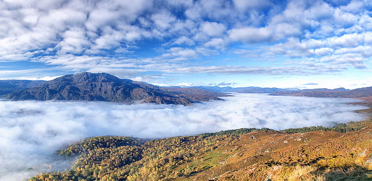 green mountain surrounded by fogs under cloudy sky, Trossachs, HD wallpaper
