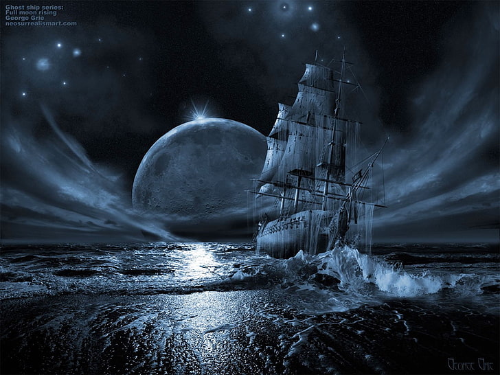 Moon, sailing ship, ghost ship, fantasy art, night, water, sky