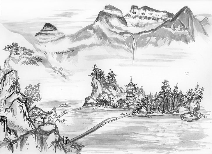 sketch of pagoda near body of water, ink wash paintings, Japan