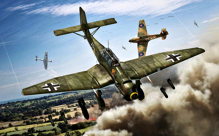 Smoke, the bombing, Hawker Hurricane, dive bomber, Blitzkrieg 1940, HD wallpaper