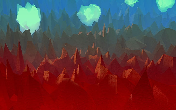 red, green, and blue abstract painting, artwork, mountains, clouds
