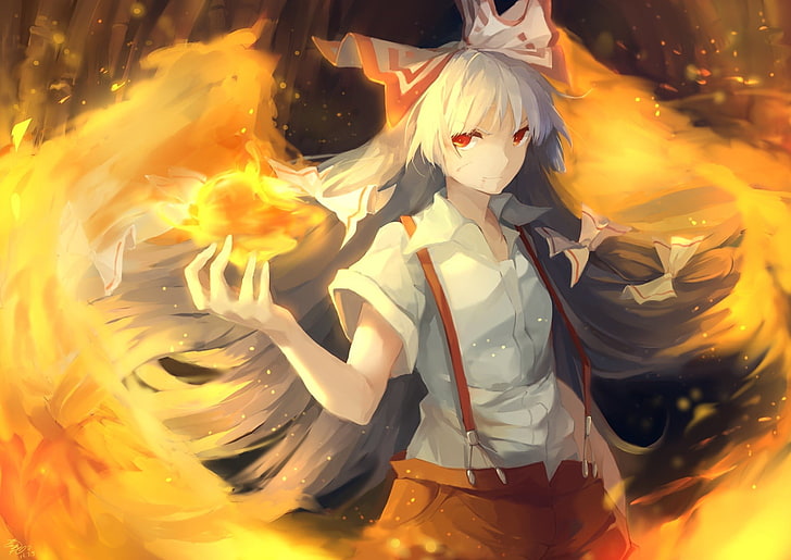female anime character with fire magic digital wallpaper, Touhou, HD wallpaper