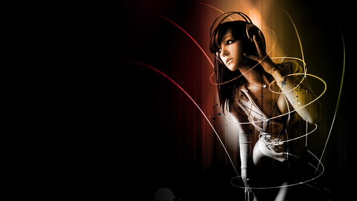 female character wearing headphones illustration, music, women