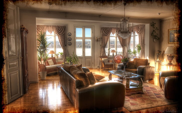 Interior design, retro, sofa, chandelier