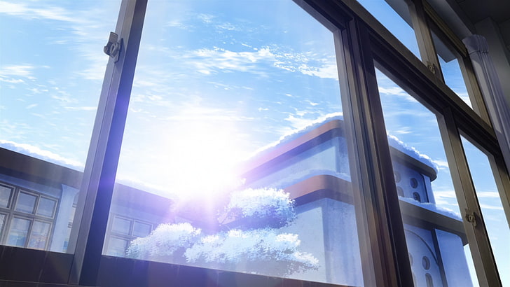 white framed glass window, Nagi no Asukara, landscape, lens flare, HD wallpaper