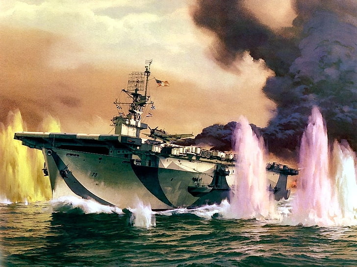 aircraft carrier with black smoke painting, war, military, artwork