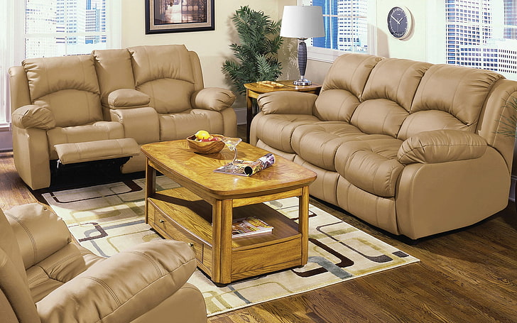 brown leather 3-seat sofa, table, furniture, living Room, apartment, HD wallpaper