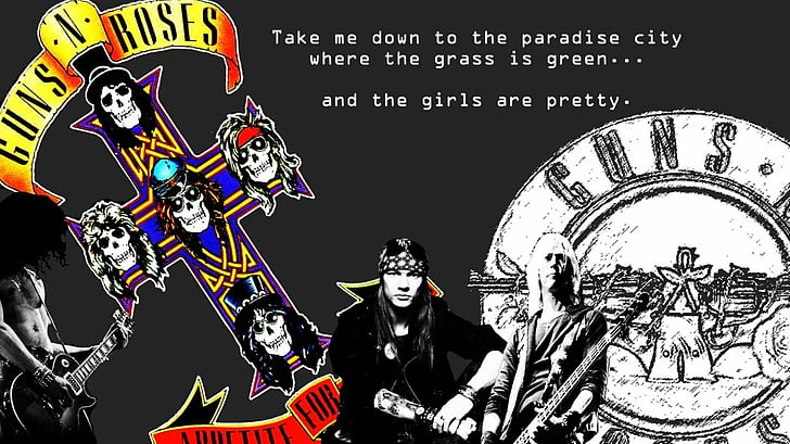Band (Music), Guns N' Roses, text, human representation, men