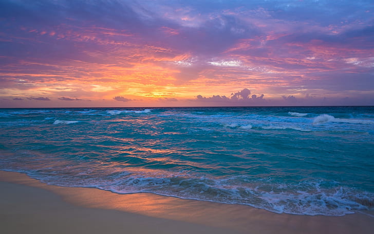 Sea, waves, beach, sunset, red sky