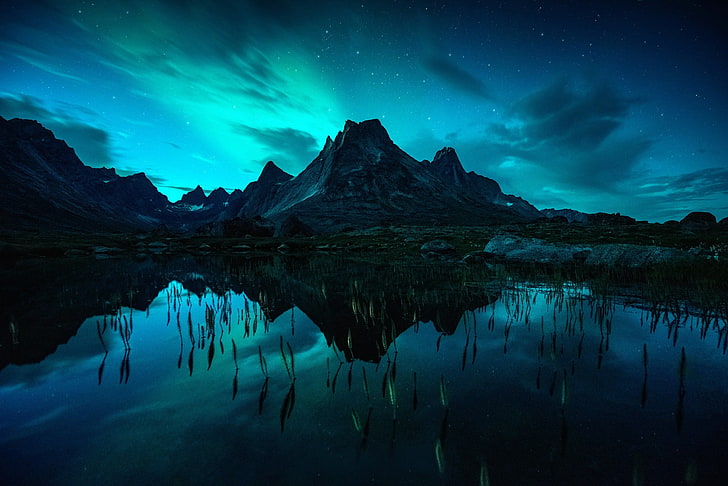 mountain beside body of water, landscape, lake, aurora  borealis