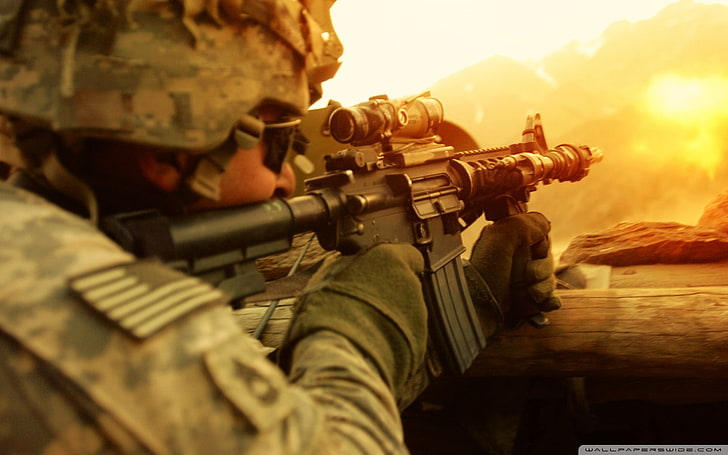black assault rifle, war, soldier, military, weapon, armed forces, HD wallpaper