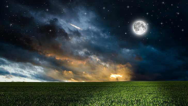 cloud, grass, sky, night, field, greens, photoshop, full moon, HD wallpaper