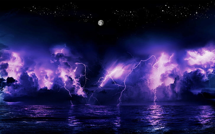 Earth, Sky, Cloud, Lightning, Moon, Ocean, Purple, Storm