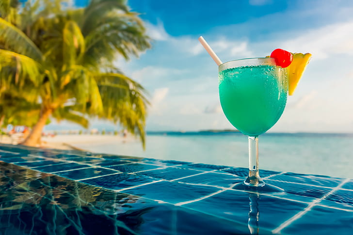 cocktails, sea, swimming pool, palm trees, tropical