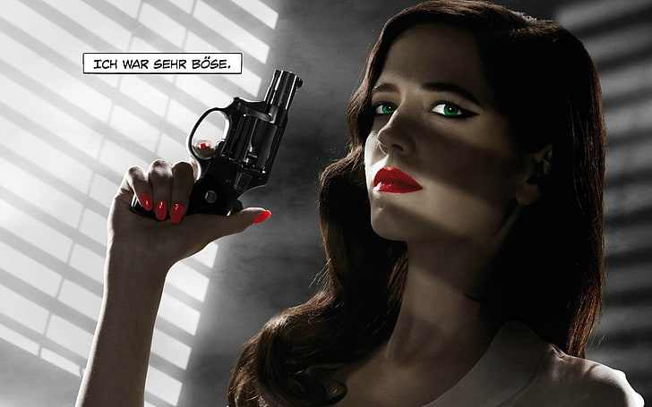 Eva Green Sin City Poster, woman in white shirt holding revolver digital wallpaper