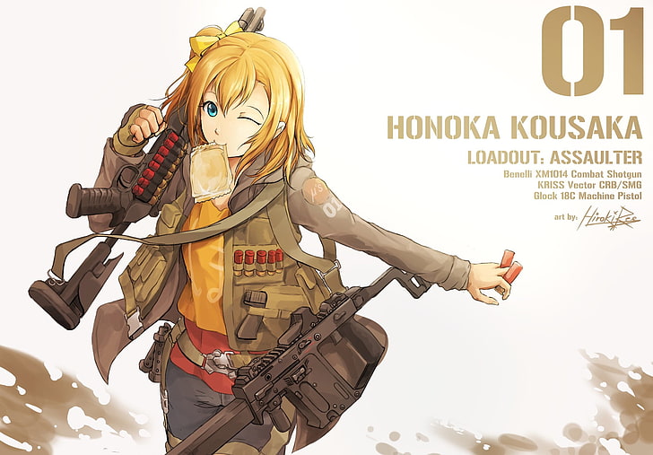 anime, anime girls, Love Live!, gun, weapon, Kousaka Honoka
