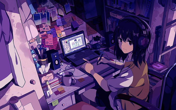 anime, anime girls, headphones, original characters, technology