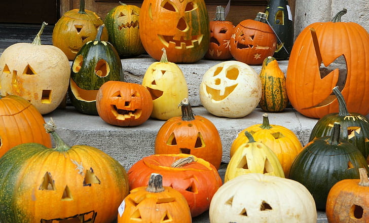pumpkin, set, halloween, holiday, ladder, jack o lantern lot, HD wallpaper