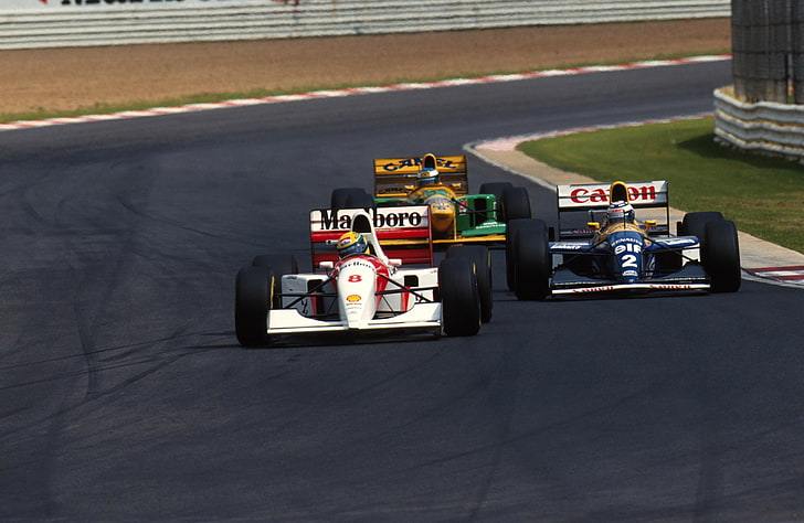 three formula 1 cars, race, overtaking, Michael Schumacher, Alain Prost