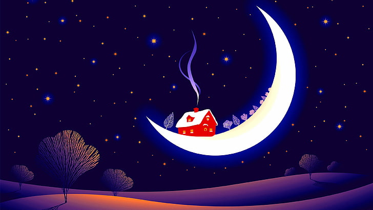 moon, night, house, fantasy art, chimney, dreamland, starry, HD wallpaper