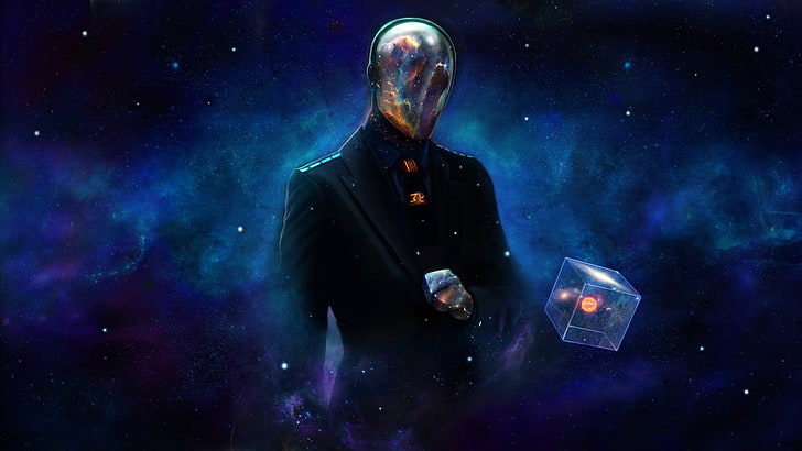 man in black suit jacket wallpaper, space, digital art, cube