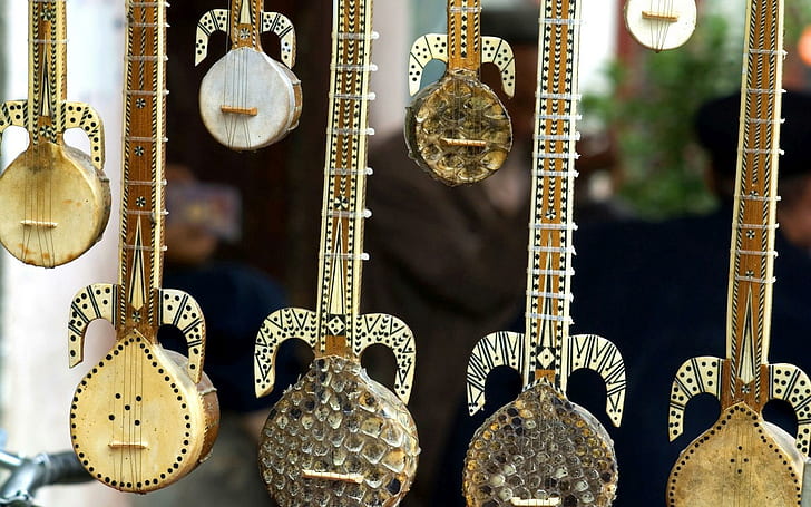 Traditional musical instrument, brown assorted miniature saz decor, HD wallpaper