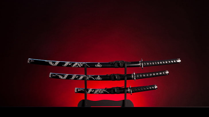 red, light, darkness, katana, japanese sword, swords, samurai sword, HD wallpaper