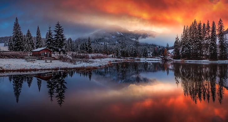 winter, sunset, mountains, lake