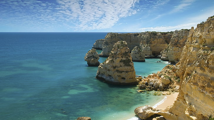 calm water of sea with rock formation, Marinha, Carvoeiro, Portugal, HD wallpaper