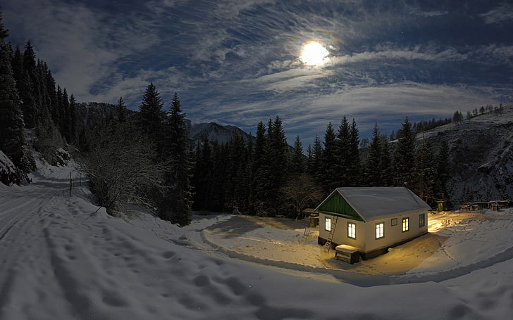 night, sky, Moon, nature, snow, winter, house, cold temperature, HD wallpaper