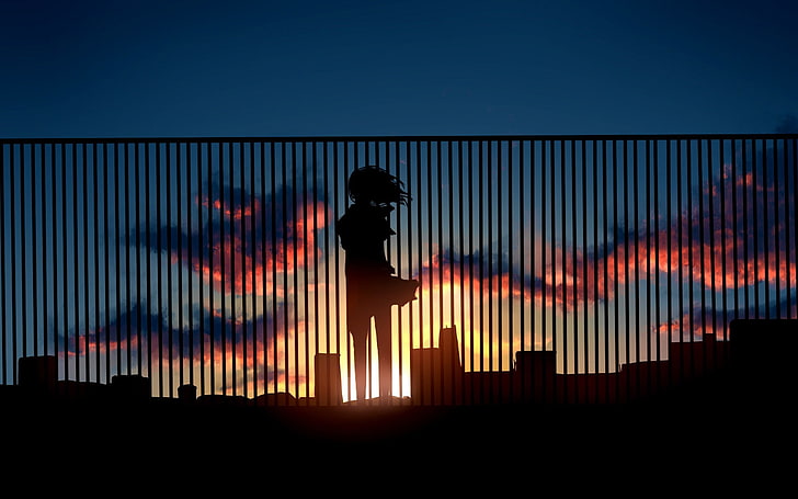 woman standing silhouette, silhouette of woman near fence, anime