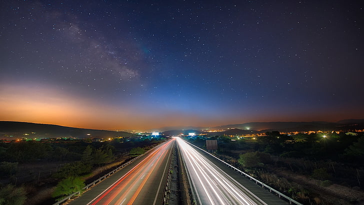 highway, night, road, light trails, Cyprus, Milky Way, illuminated