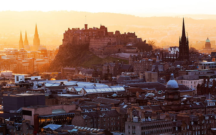 Edinburgh Castle, Scotland, United Kingdom, city, houses, buildings, dawn