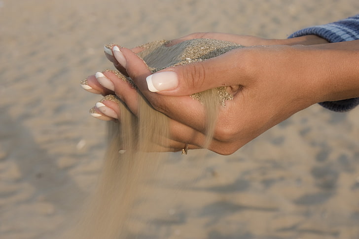 person's hands, sand, manicure, mood, beach, sea, human Hand