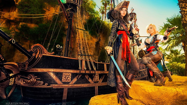 two pirate women digital wallpaper, Monika Lee, Jessica Nigri, HD wallpaper