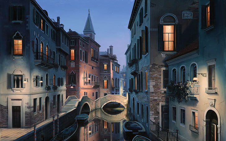 canal, city, eugene, gondola, italy, lushpin, painting, venice