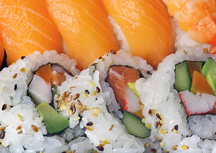 sushi dish, rice, meat, vegetables, sesame seeds, food, cucumber, HD wallpaper