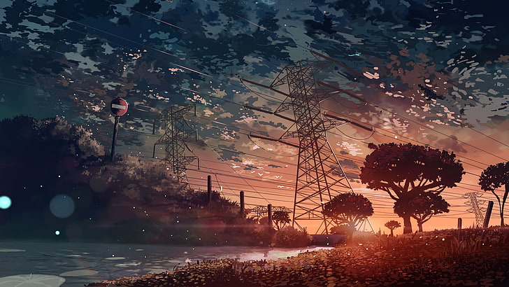 gray transmission tower, utility pole during golden hour, anime, HD wallpaper