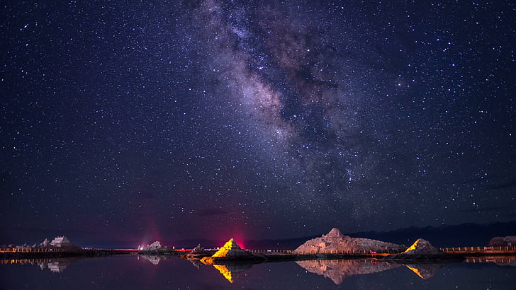 milky way, starry sky, chakayan lake, galaxy, night, haixi, HD wallpaper