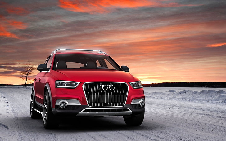 red Audi Q-series SUV, car, road, snow, mode of transportation