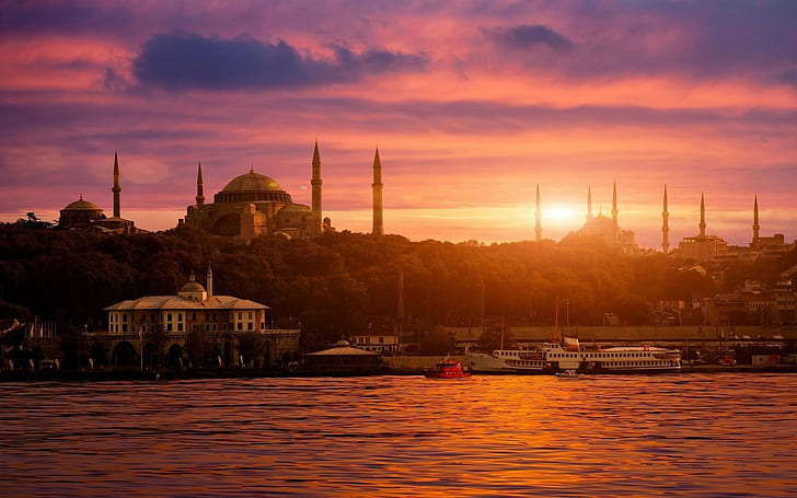 turkey sultan ahmed mosque islamic architecture, sunset, sky, HD wallpaper