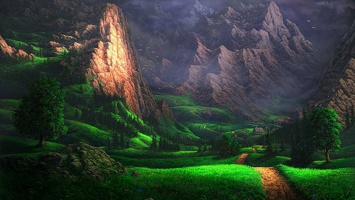 nature, green, vegetation, digital art, highland, mount scenery, HD wallpaper