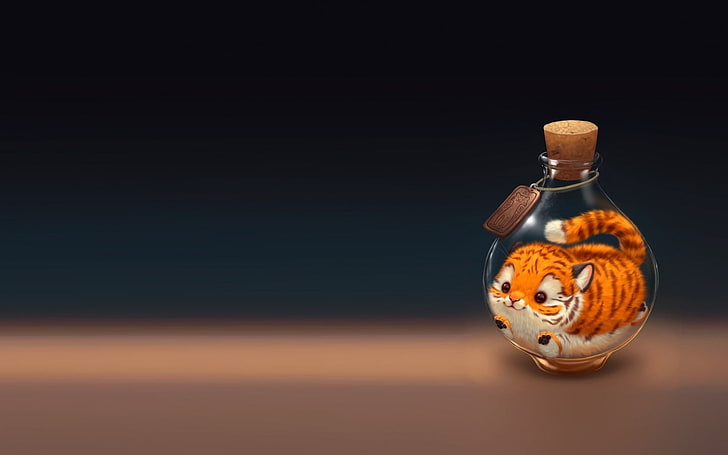 Tiger cub in a bottle, art, orange, cat, animal, cute, glass, HD wallpaper