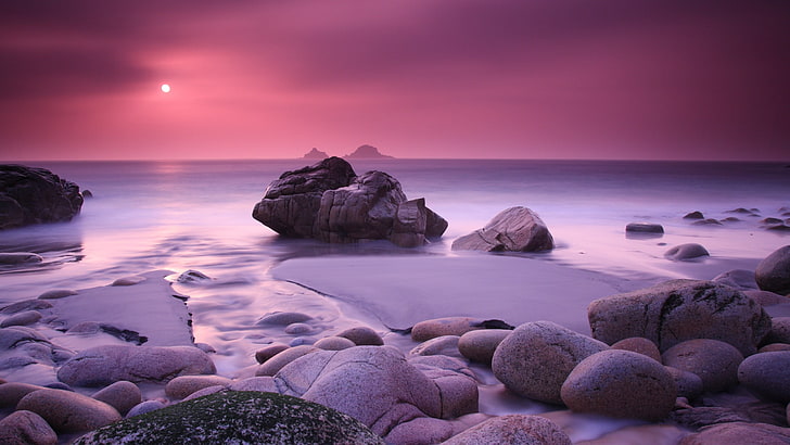 grey rocks, beach, sea, nature, purple, sunset, rock - Object