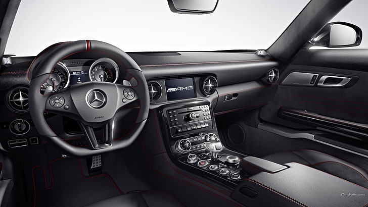 black Mercedes-Benz car interior, Mercedes SLS, Mercedes Benz, HD wallpaper