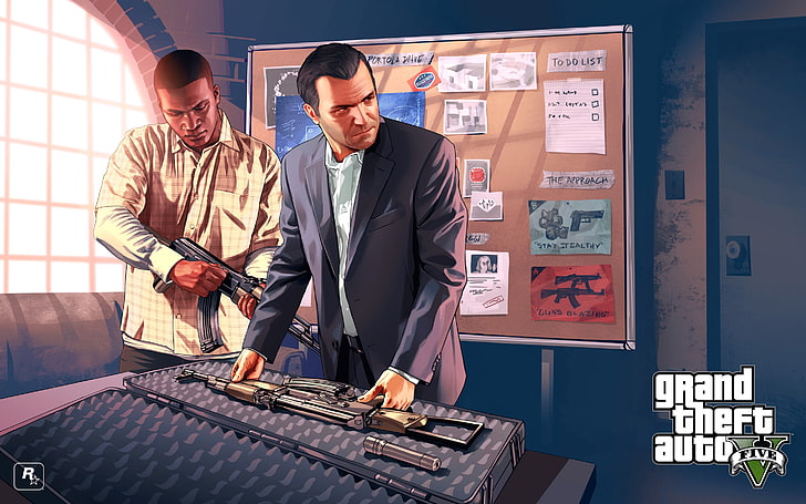 Grand Theft Auto V illustration, video games, business, men, males